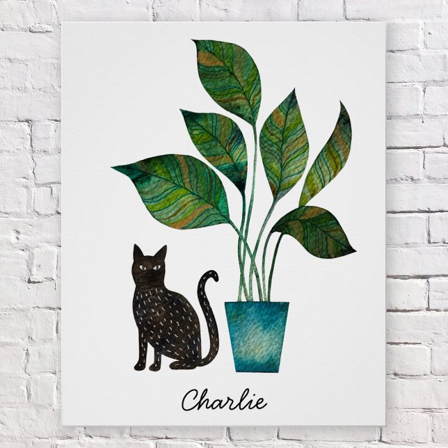 Póster Gato com Aquarela Vegetal Personalizada (Cat with Houseplant personalized watercolor poster)