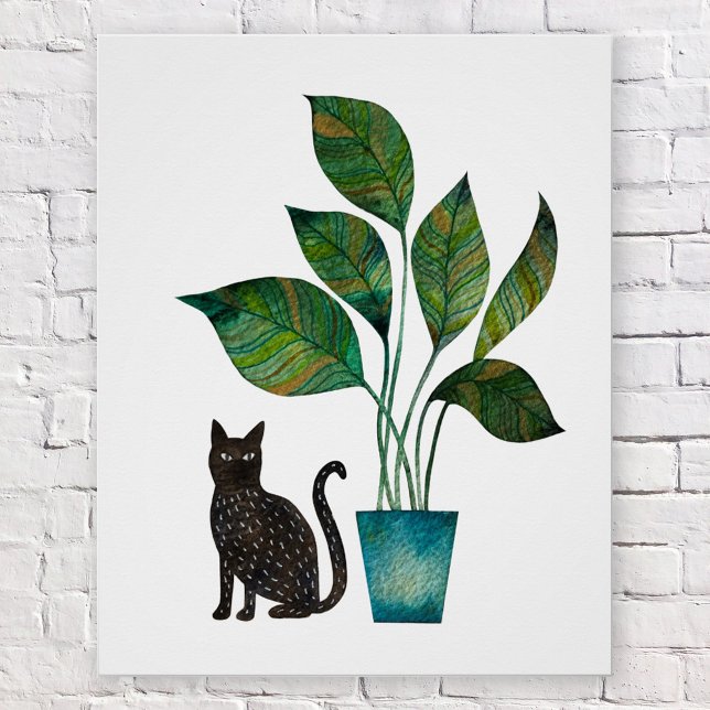 Póster Gato com Aquarela Vegetal Potente (Black cat with houseplant watercolor poster)