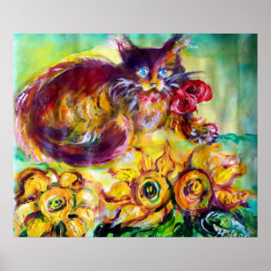 POSTER GATO COM BORRACHA VERMELHA E FLORES