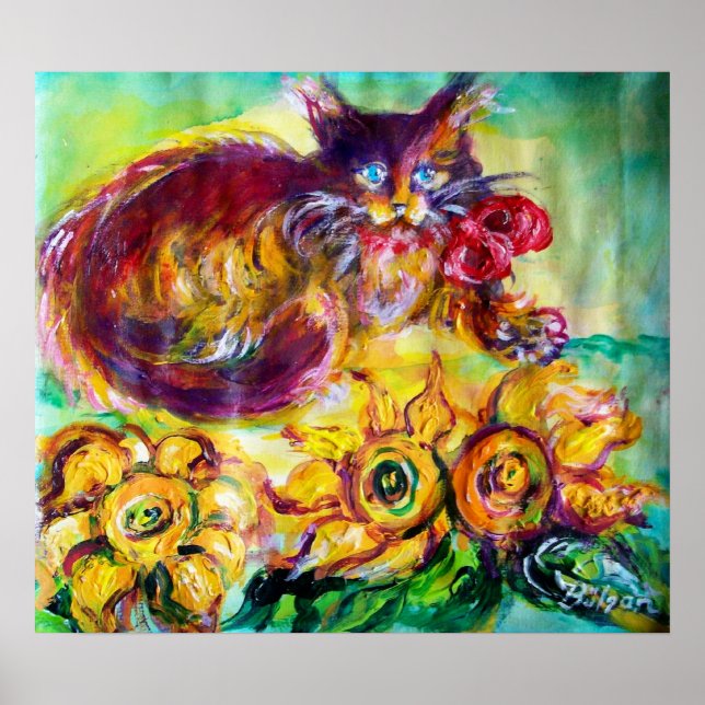 POSTER GATO COM BORRACHA VERMELHA E FLORES (Frente)