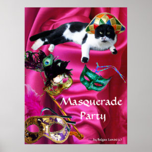 PÓSTER GATO COM CHAPÉU DE ARLEQUIM E MÁSCARAS DE BAILE DE