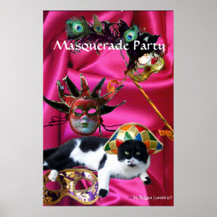 PÓSTER GATO COM CHAPÉU DE ARLEQUIM E MÁSCARAS DE BAILE DE