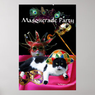 PÓSTER GATO COM CHAPÉU DE ARLEQUIM E MÁSCARAS DE BAILE DE