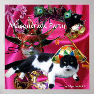 PÓSTER GATO COM CHAPÉU DE ARLEQUIM E MÁSCARAS DE BAILE DE