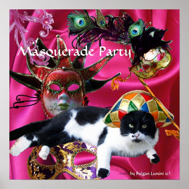 PÓSTER GATO COM CHAPÉU DE ARLEQUIM E MÁSCARAS DE BAILE DE (Frente)