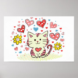 Poster Gato com flores e corações