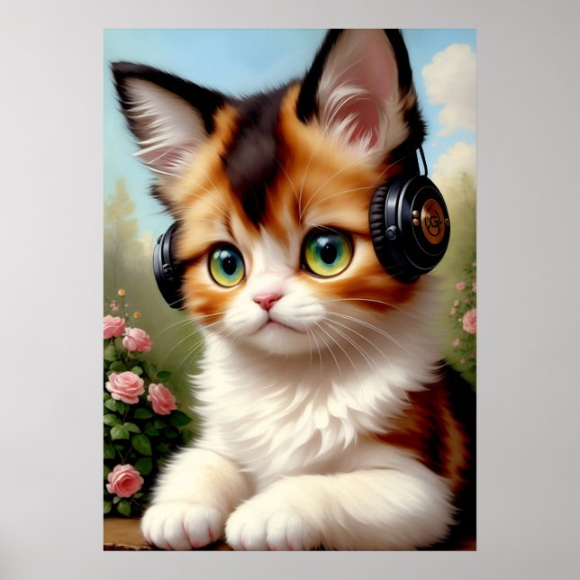 Poster Gato com Fones de ouvido - Vintage Painting. (Frente)
