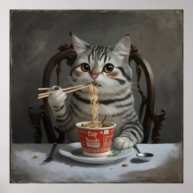 Poster Gato com Gato Lançado, Gozando De Noodles De Taça (Frente)
