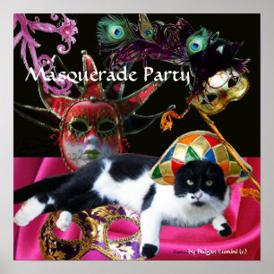 POSTER GATO COM HARLEQUIN HAT E MÁSCARAS DE MASCARADA