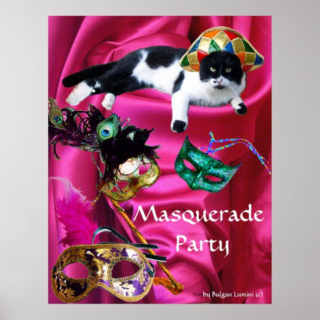 PÓSTER GATO COM HARLEQUIN HAT E MÁSCARAS DE MASCARADA (Frente)