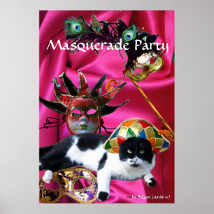 PÓSTER GATO COM HARLEQUIN HAT E MÁSCARAS DE MASCARADA