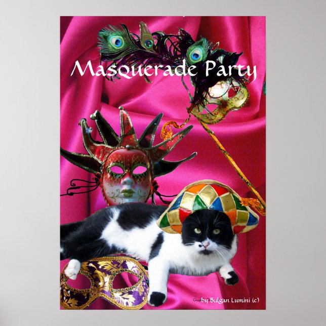 PÓSTER GATO COM HARLEQUIN HAT E MÁSCARAS DE MASCARADA (Frente)