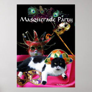 PÓSTER GATO COM HARLEQUIN HAT E MÁSCARAS DE MASCARADA