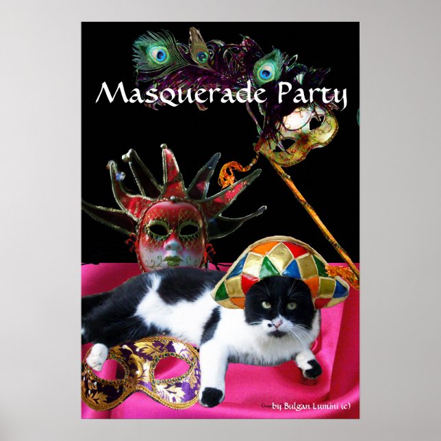 PÓSTER GATO COM HARLEQUIN HAT E MÁSCARAS DE MASCARADA (Frente)