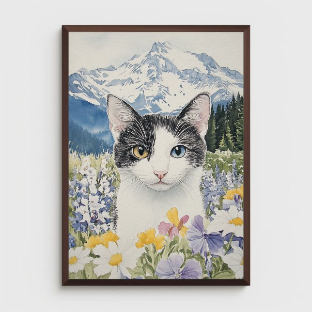 Poster Gato com Heterochromia em um Campo de Flores Silve (Criador carregado)