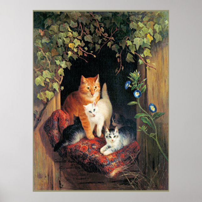 Poster Gato com Kittens, pintura de arte. (Frente)