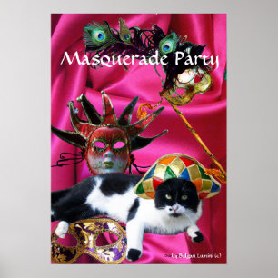 PÓSTER GATO COM MÁSCARAS DE CHAPÉU E MASCARADA
