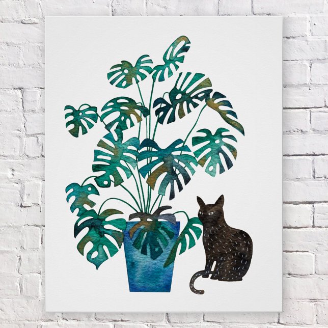 Póster Gato com Monstera Plant Watercolor (Black cat with monstera swiss cheese plant watercolor poster)