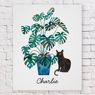 Póster Gato com Monstera Plant Watercolor Personalizado