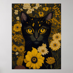 Poster Gato com olhos grandes na frente das flores