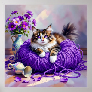 Poster Gato com Olhos Roxos em Fio de Lã Roxa e Flores