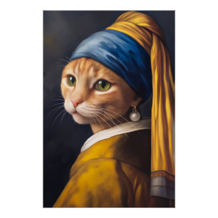Póster Gato com um brinco de pérolas   Funny Vermeer Paro