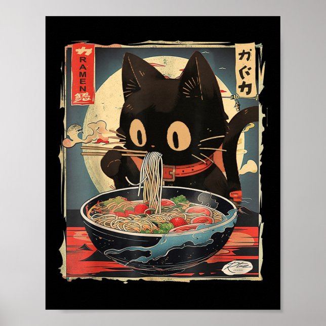 Poster Gato Comendo Ramen Noodle Engraçado Japonês Kawaii (Frente)