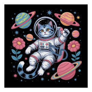 Póster Gato Cósmico Astronauta no Vaporwave Espacial Neon