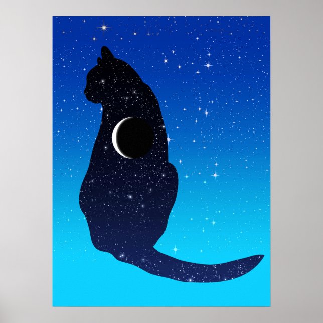 Poster Gato Cósmico em Estrelas e Padrões da Lua Crescent (Frente)
