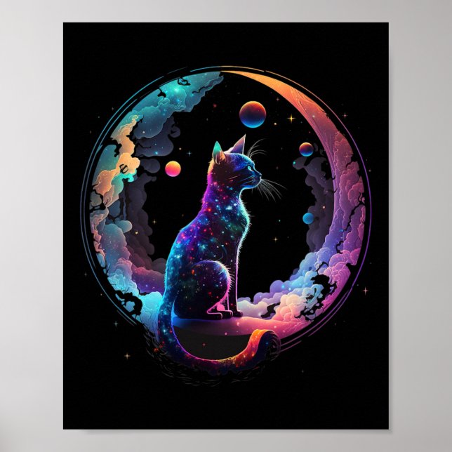 Poster Gato Cósmico Legal Crescente Colorida Lua E Nuvens (Frente)