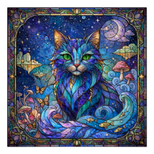 Póster Gato Cósmico Vidro Colorido Olhos Azuis Verdes Sur