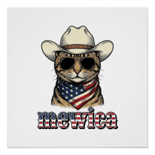 Póster Gato Cowboy Patriótico Mewica Design Vetorial Vint