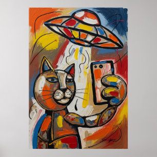 Poster Gato Cubista Colorido OVNI Abstrato
