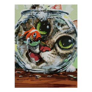 Póster Gato Curioso & Peixe Dourado Cauteloso