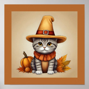 Poster Gato de Ação de Graças encantador e festivo disfar