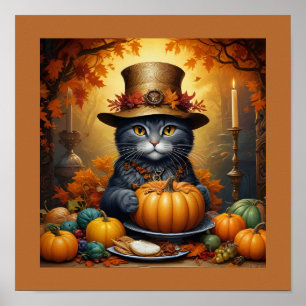 Poster Gato de Ação de Graças encantador e festivo disfar