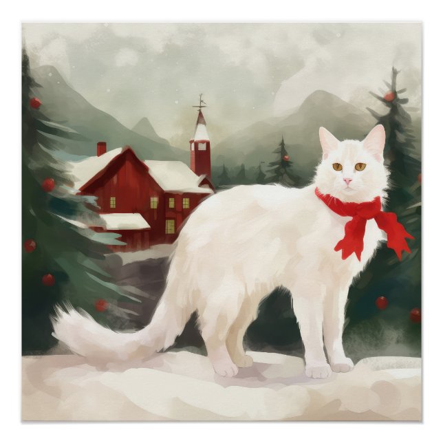 Póster Gato de Angora Turco no Natal da Neve (Frente)