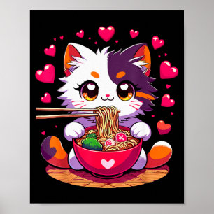 Poster Gato de Anime Comendo Macarrão Ramen Com Corações