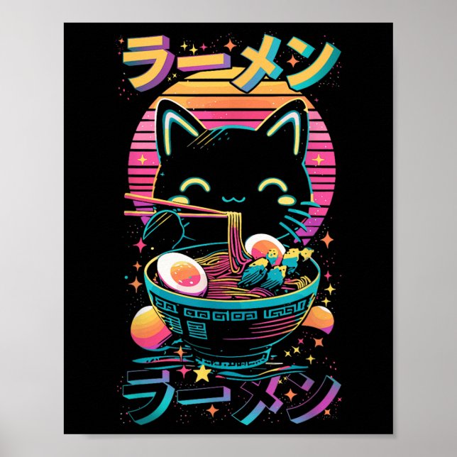 Poster Gato de anime comendo ramen Ramen japonês Gato Jap (Frente)