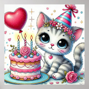 Poster Gato de Aniversário Fofo, Cartoon de Gatinho, Kit 