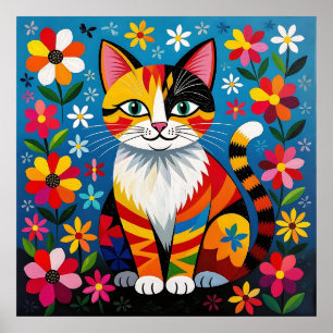 Poster Gato de Arte Popular Boho, Flores & Borboleta