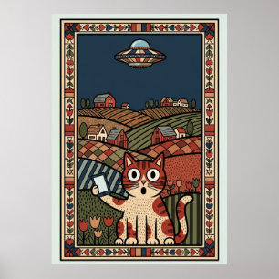Poster Gato de Arte Popular com OVNI no Campo Caprichoso
