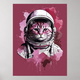 Poster Gato de Astronauta da Cor da Água Vermelha