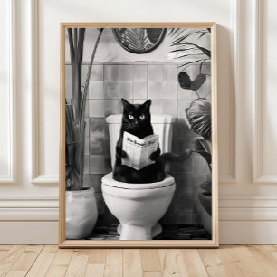 Poster Gato de banheiro impresso lendo no vaso sanitário 