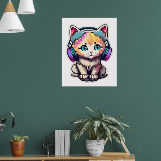 Poster Gato de bebê bonito com Fones de ouvido (Sala de Estar 1)