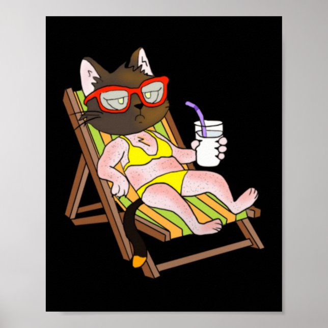 Poster Gato De Biquíni Em Cadeira De Praia Bebendo (Frente)