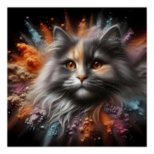 Póster Gato De Cabelo Longo Com Abstrato De De Arte Felin