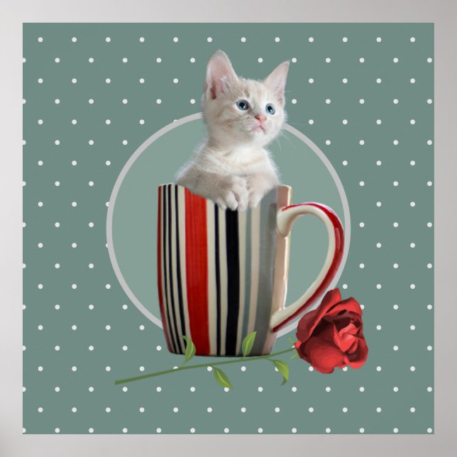 Poster Gato de café, caneca de café, flor verde, moderno (Frente)