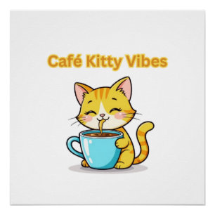 Póster **Gato de Café Fofo – Gato Adorável Bebendo Café I