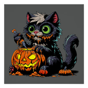 Póster Gato de Carcaça de Abóbora de Halloween